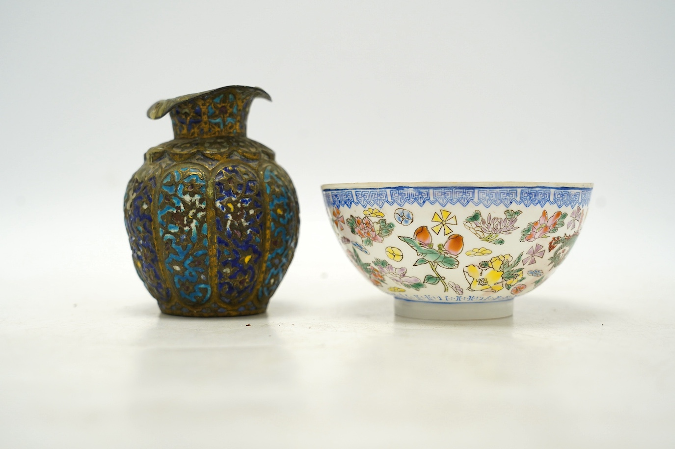 An early 20th century Chinese eggshell porcelain bowl and an enamelled bronze vase, tallest 9cm. Condition - poor